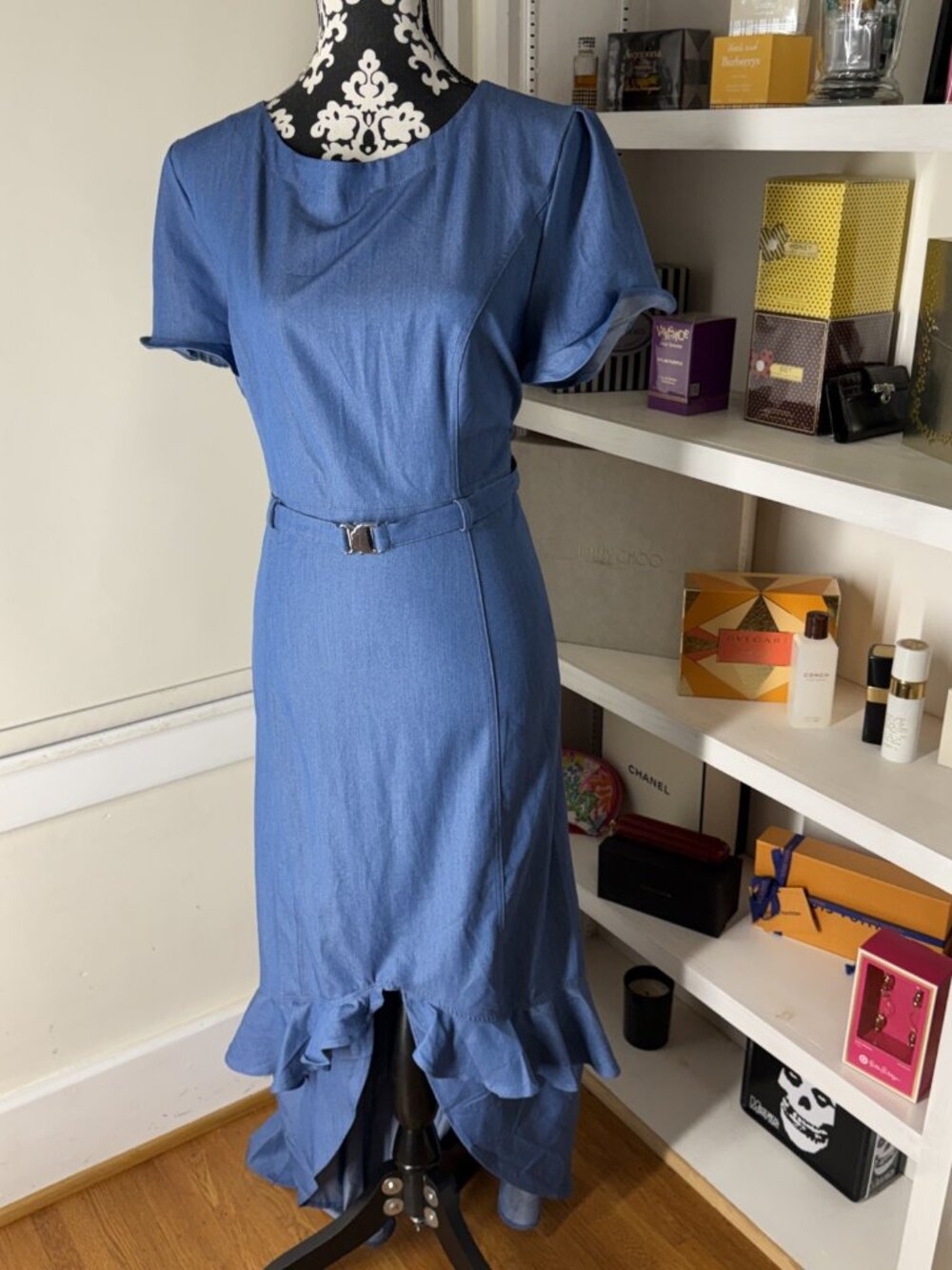 NWT! STYLEWE Short Sleeve Blue Belted High-low Ruffled Maxi Dress L Stretch